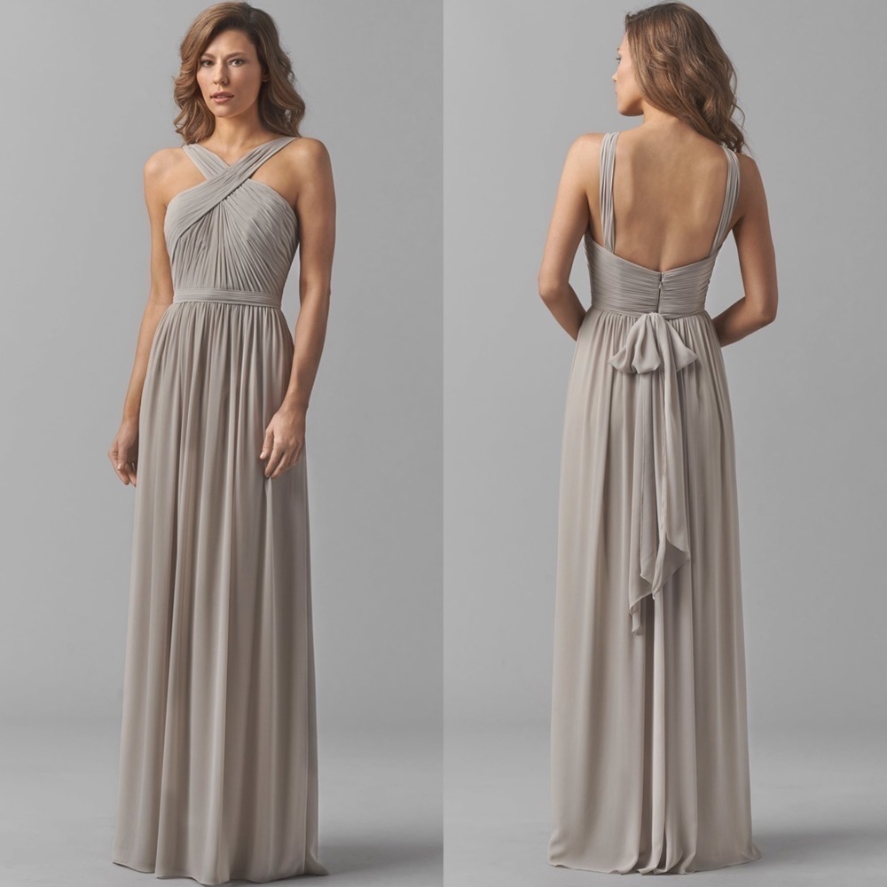 WATTERS MICAH SANDSTONE CRINKLE CHIFFON A LINE HALTER BRIDESMAID FORMAL GOWN
